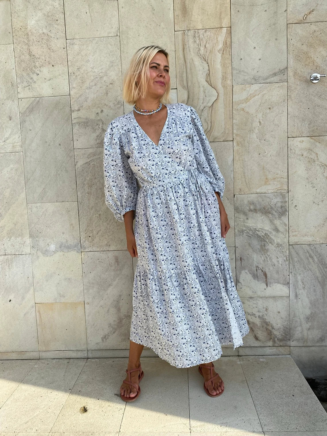 Linen dress BELLA\ Wrap dress\ Linen midi dress with puffy sleeves\ Casual linen dress\floral print