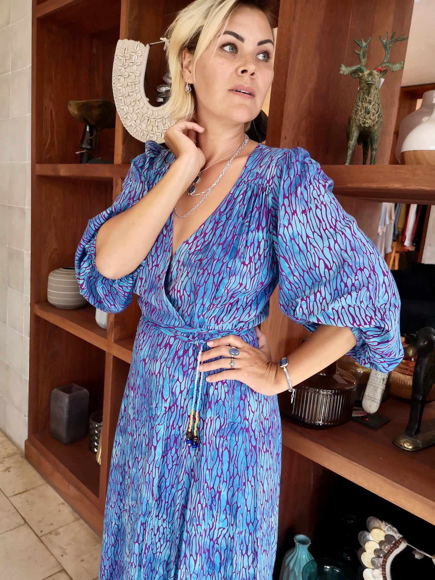 Maxi wrap dress VICTORIA \ Hand-painted fabric\puffy sleeves