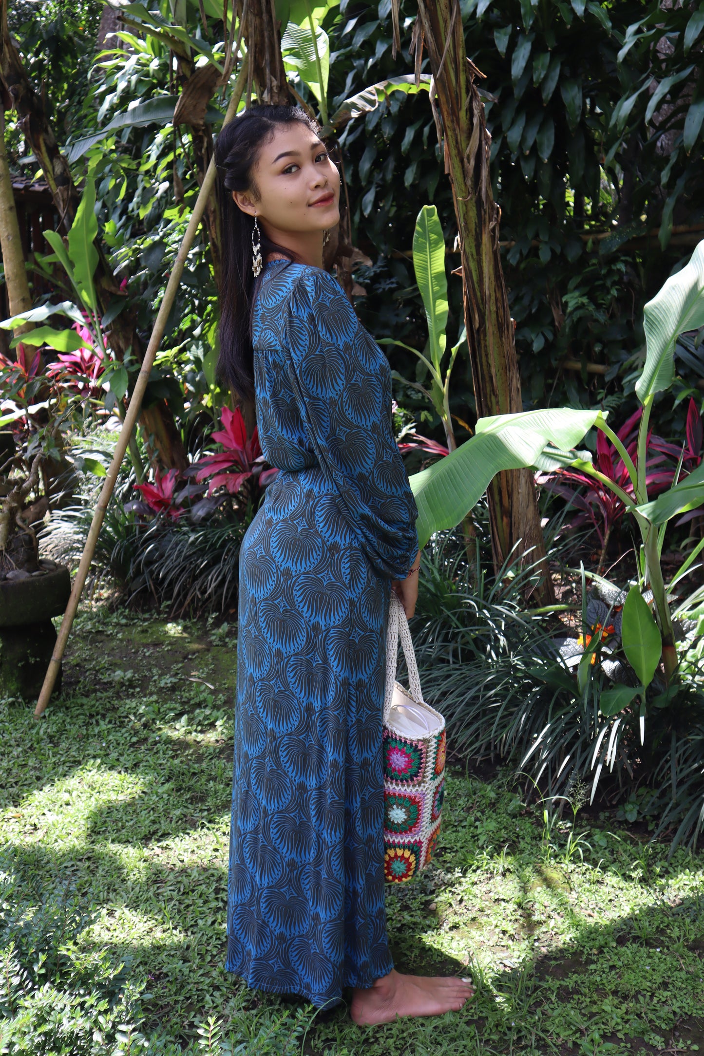 Midi wrap dress PAOLA \ Hand-painted fabric\ Puffy sleeves