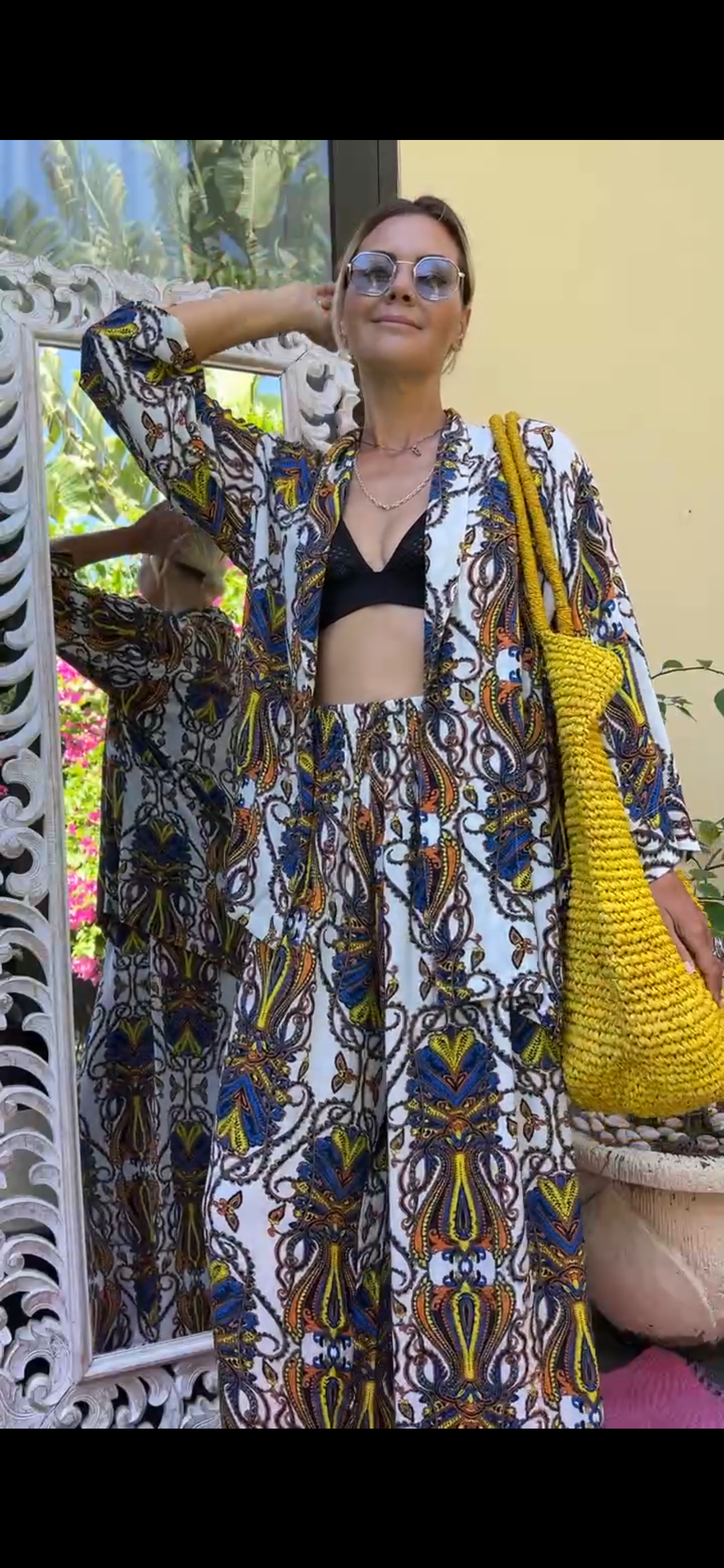 Hand-Dyed Short Kimono & Wide-Leg Pants Set in Natural Fabric