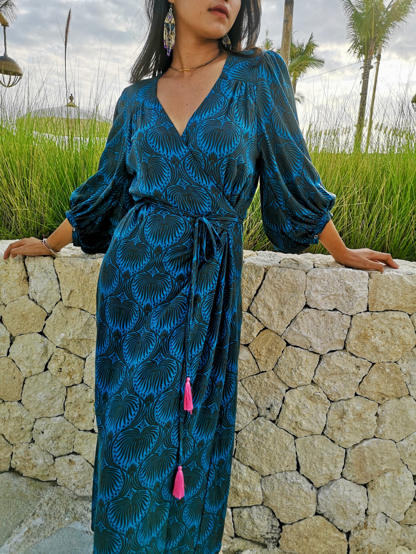 Midi wrap dress PAOLA \ Hand-painted fabric\ Puffy sleeves