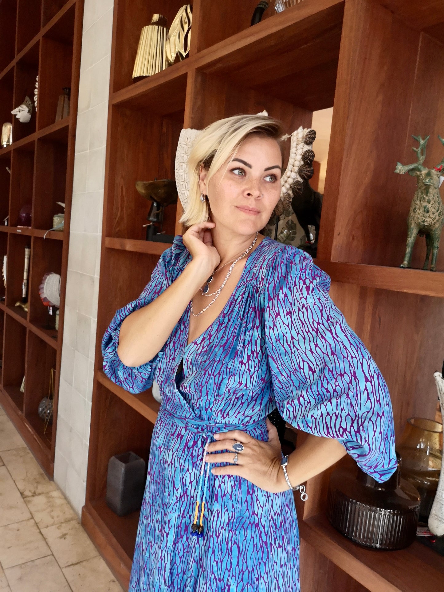 Maxi wrap dress VICTORIA \ Hand-painted fabric\puffy sleeves