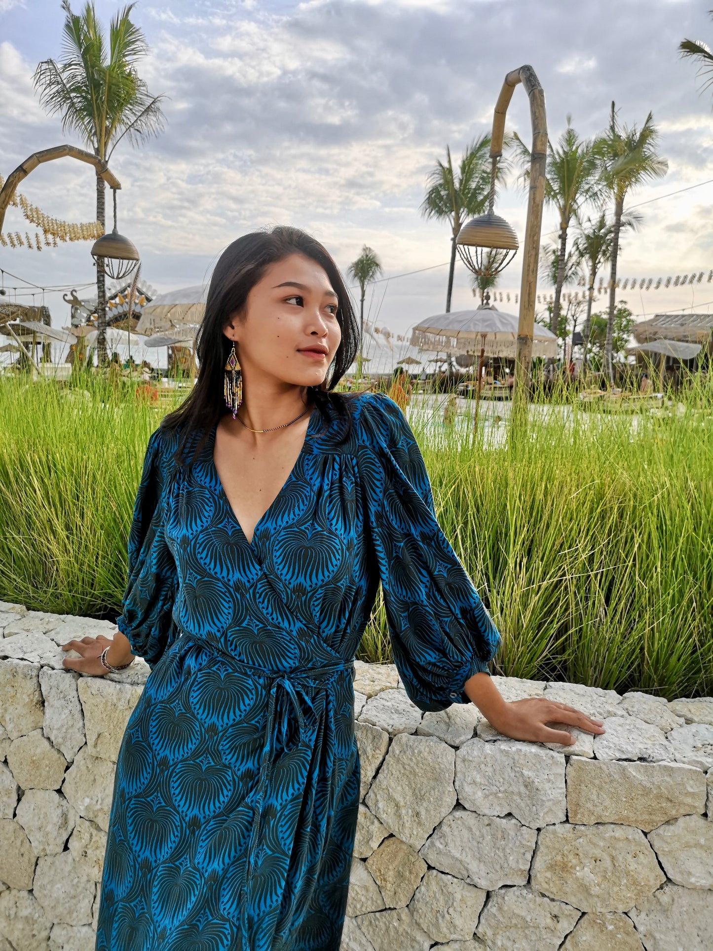 Midi wrap dress PAOLA \ Hand-painted fabric\ Puffy sleeves