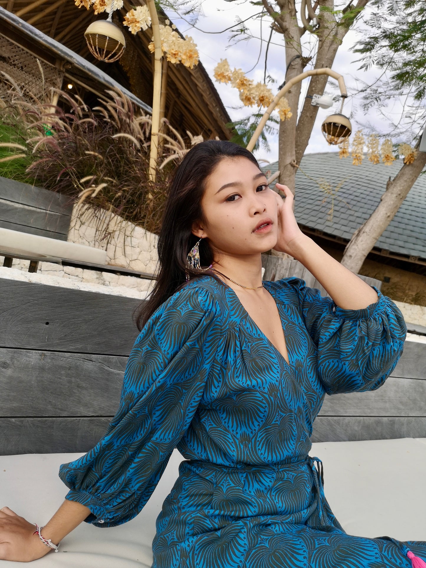 Midi wrap dress PAOLA \ Hand-painted fabric\ Puffy sleeves