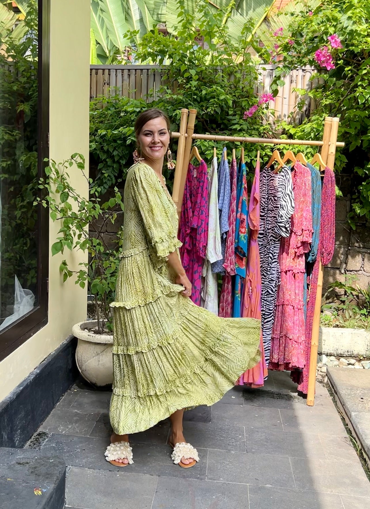 Tiered with ruffles boho dress BIANCA made of hand-painted natural fabric. Loose and light dress, for pregnant. casual\bohohemian\gypsy style.