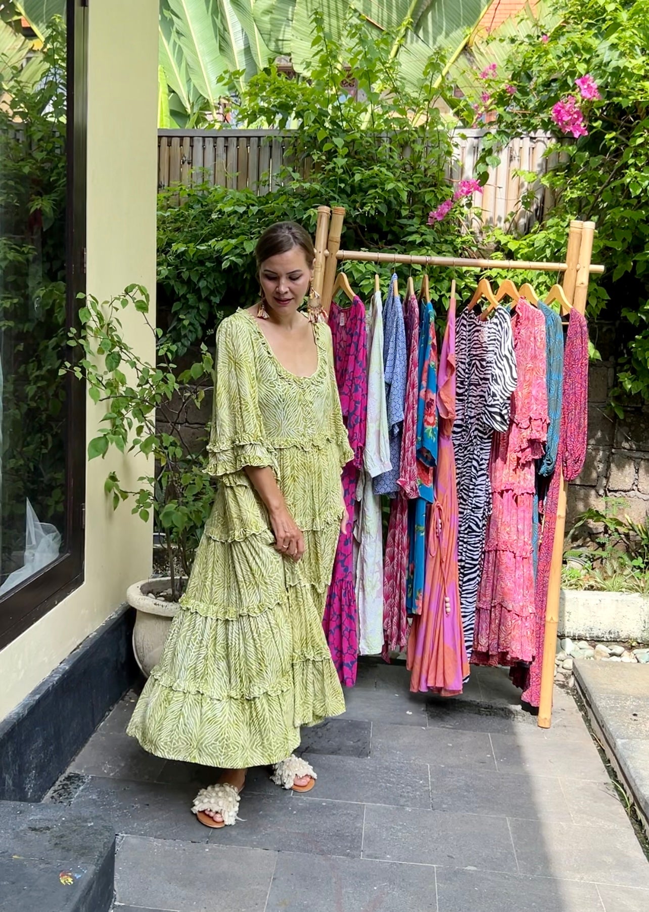 Tiered with ruffles boho dress BIANCA made of hand-painted natural fabric. Loose and light dress, for pregnant. casual\bohohemian\gypsy style.