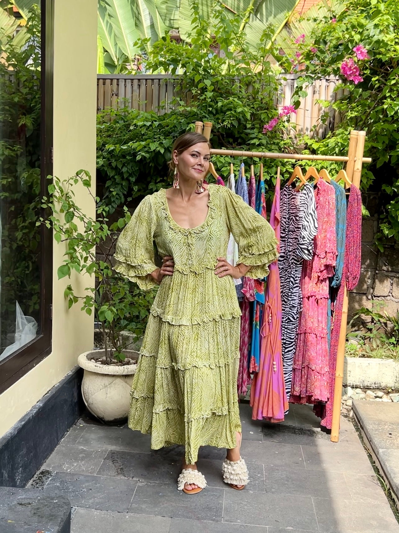 Tiered with ruffles boho dress BIANCA made of hand-painted natural fabric. Loose and light dress, for pregnant. casual\bohohemian\gypsy style.