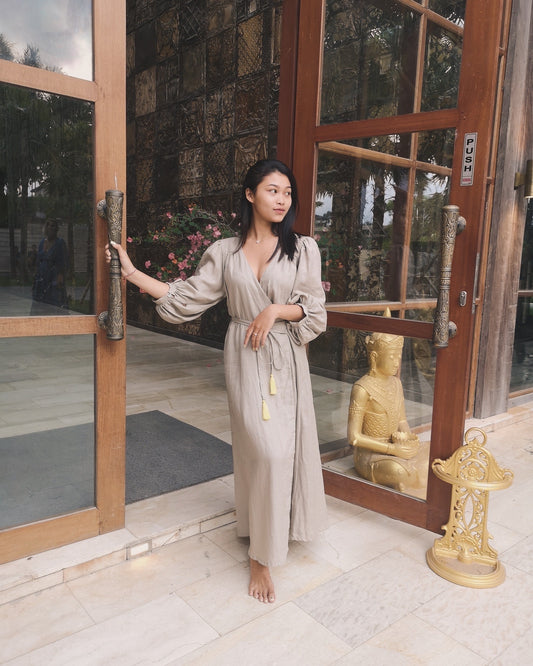 Midi wrap linen dress PAOLA * Puffy sleeves