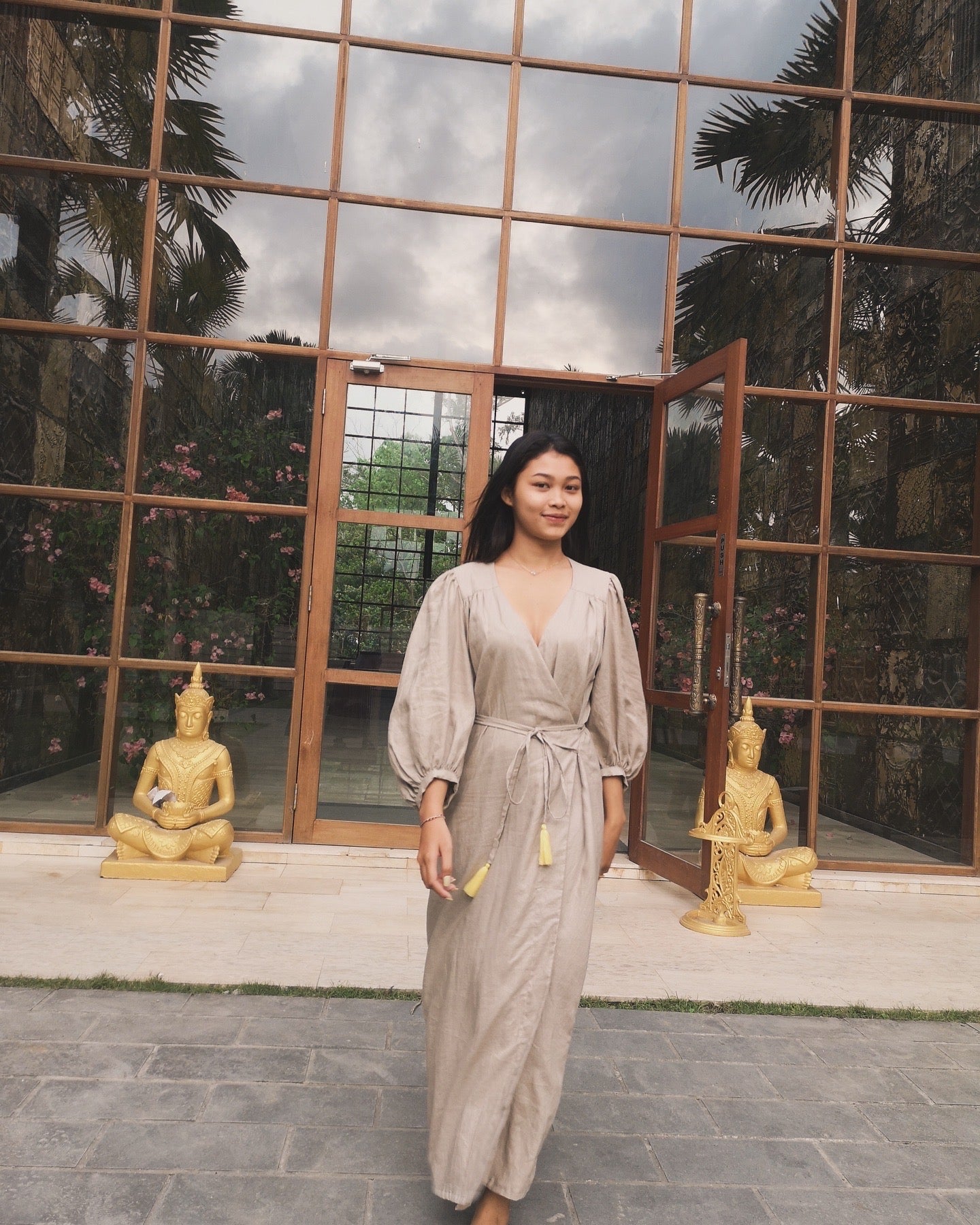 Midi wrap linen dress PAOLA * Puffy sleeves