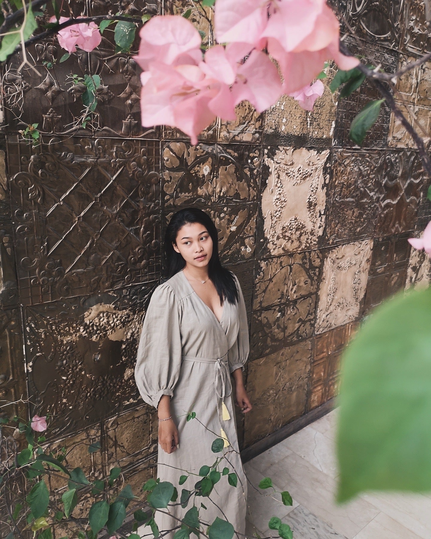 Midi wrap linen dress PAOLA * Puffy sleeves