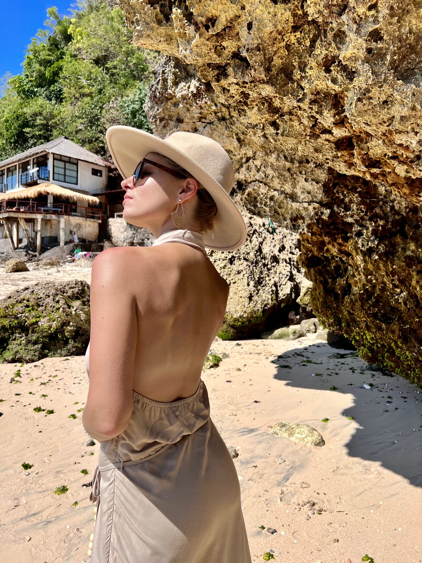 Off-the-shoulder maxi dress with a halter neck GRACE