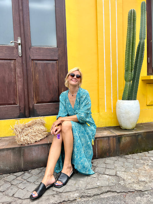 Midi wrap dress PAOLA \ Hand-painted fabric\ Puffy sleeves