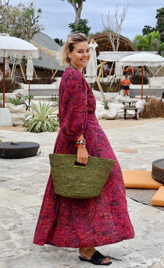 Maxi wrap dress\ Hand-painted fabric\puffy sleeves