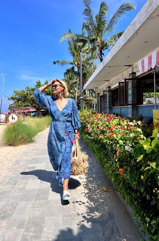 Midi wrap dress PAOLA\ Hand-painted fabric\ Puffy sleeves