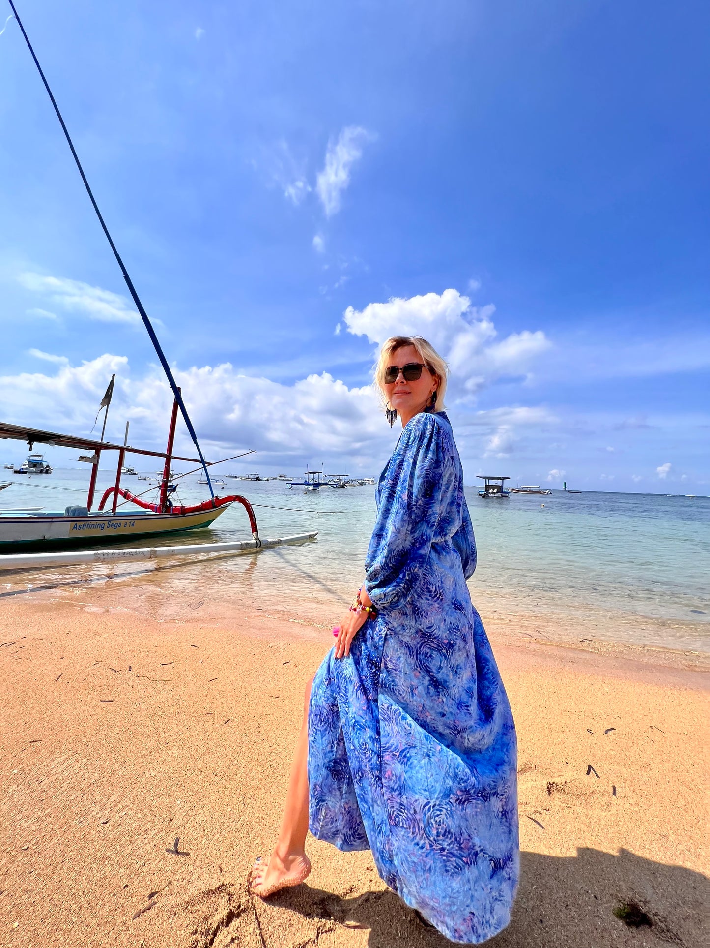 Midi wrap dress PAOLA\ Hand-painted fabric\ Puffy sleeves