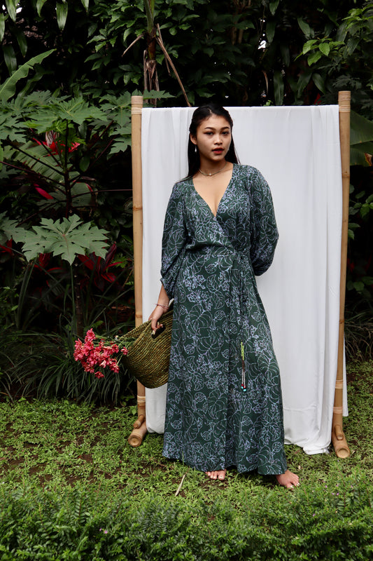 Maxi wrap dress VICTORIA\ Hand-painted fabric\puffy sleeves