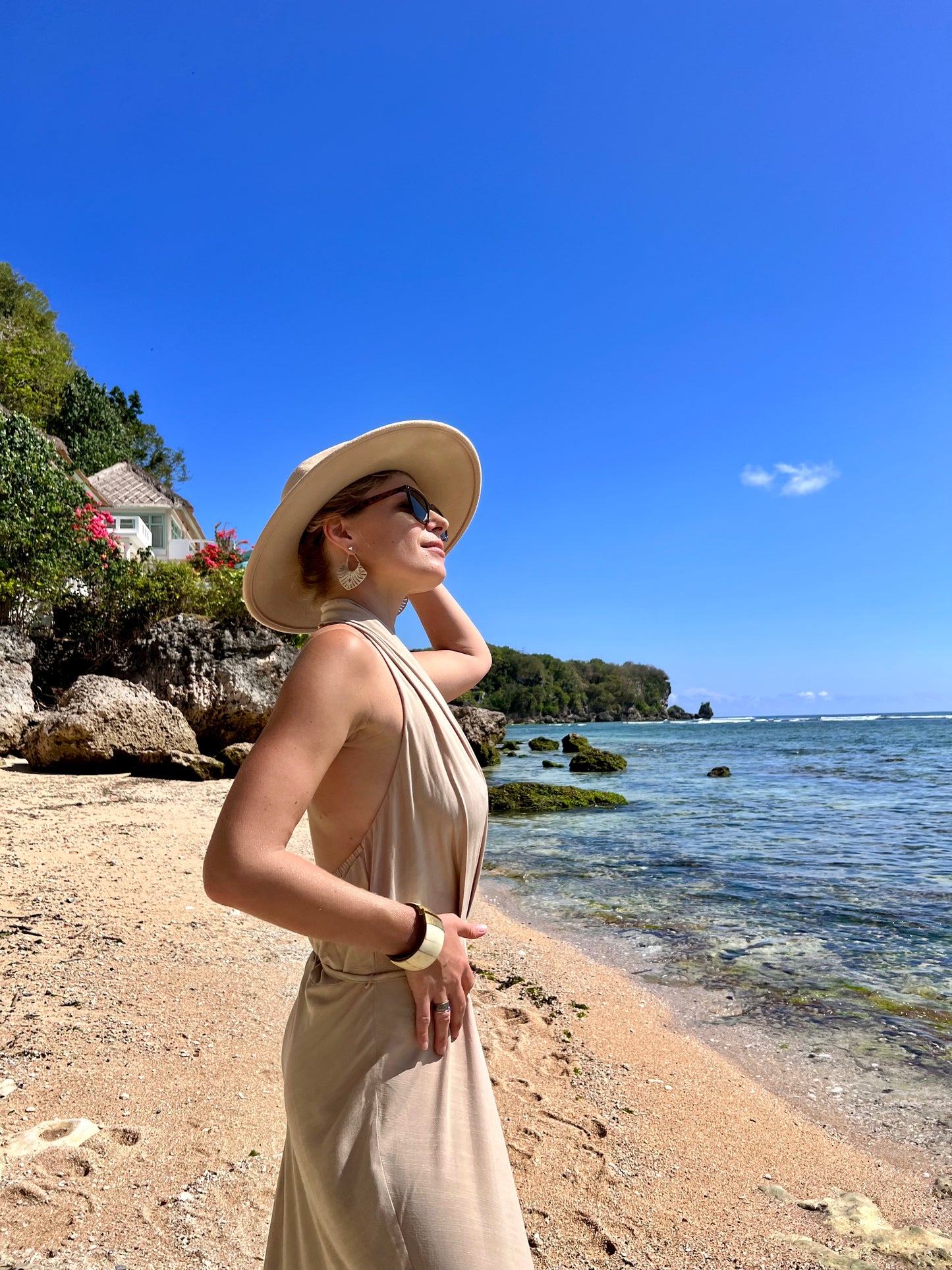 Off-the-shoulder maxi dress with a halter neck GRACE