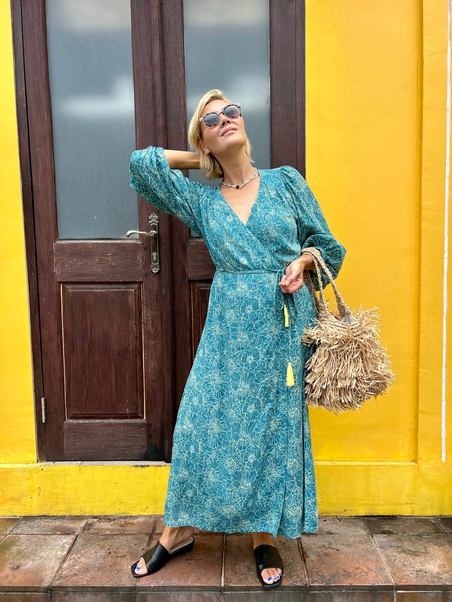 Midi wrap dress PAOLA \ Hand-painted fabric\ Puffy sleeves