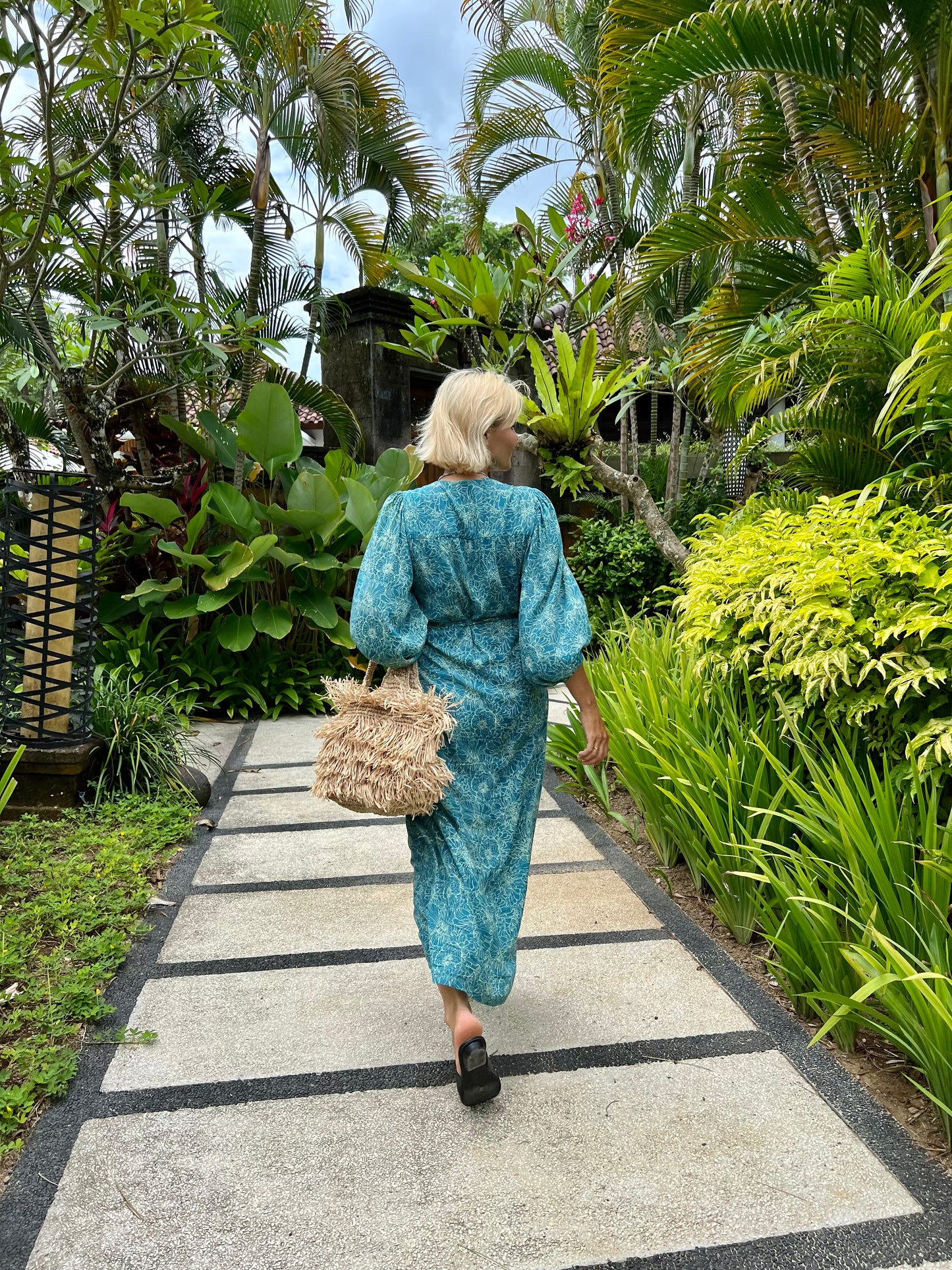 Midi wrap dress PAOLA \ Hand-painted fabric\ Puffy sleeves