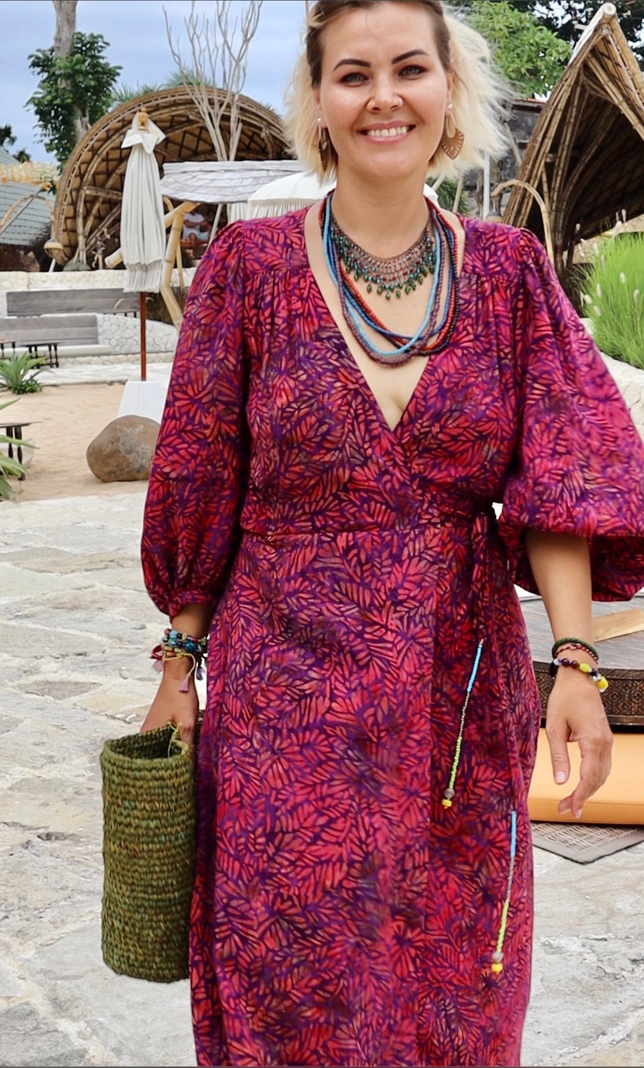 Maxi wrap dress\ Hand-painted fabric\puffy sleeves