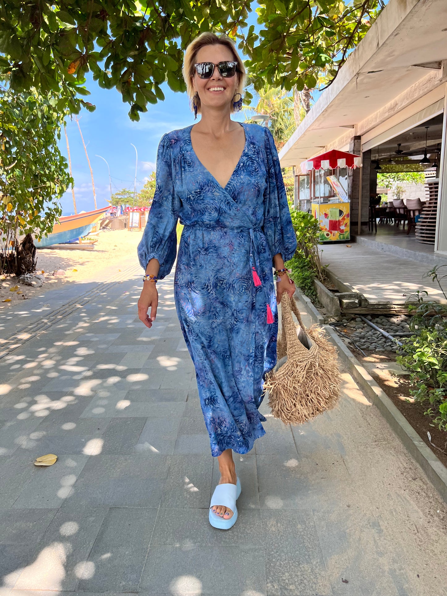 Midi wrap dress PAOLA\ Hand-painted fabric\ Puffy sleeves