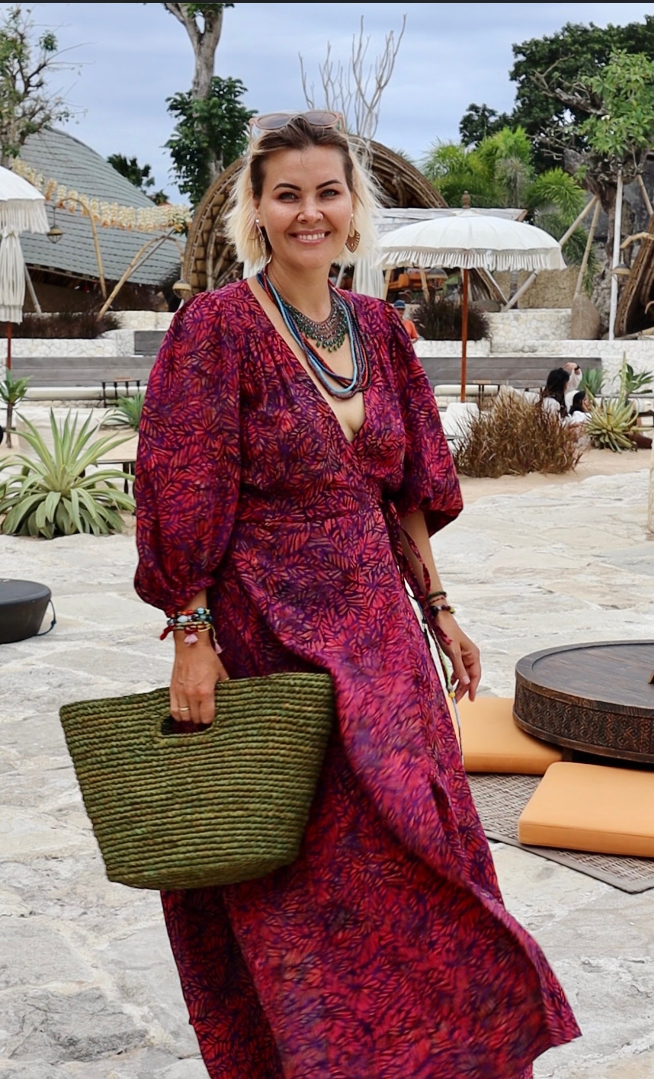 Maxi wrap dress\ Hand-painted fabric\puffy sleeves