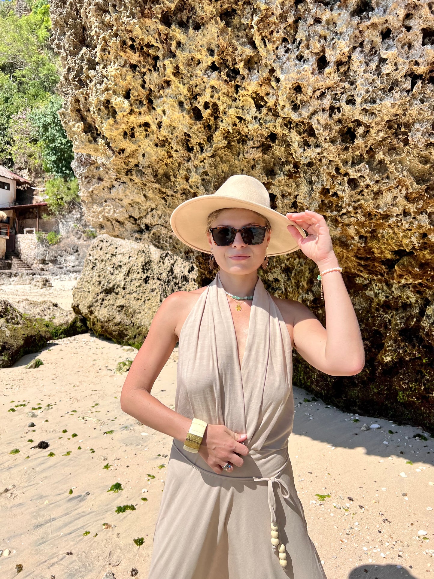 Off-the-shoulder maxi dress with a halter neck GRACE