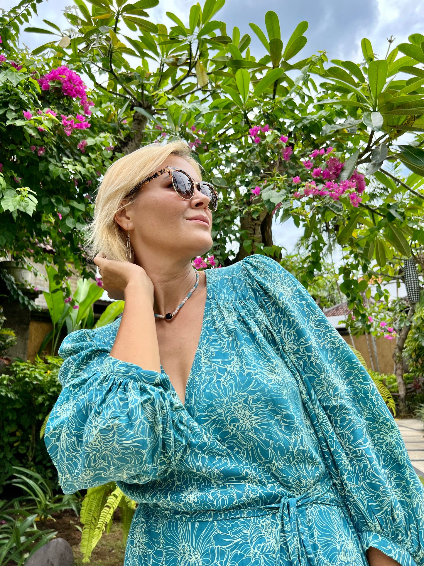 Midi wrap dress PAOLA \ Hand-painted fabric\ Puffy sleeves