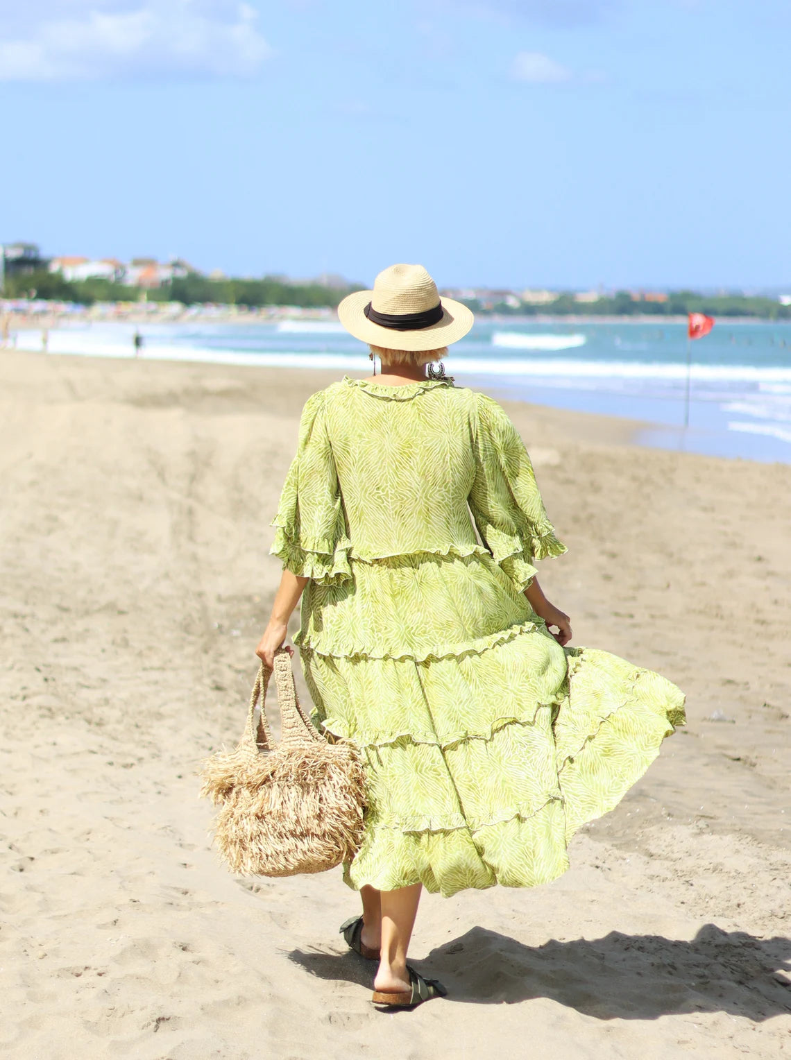 Tiered with ruffles boho dress BIANCA made of hand-painted natural fabric. Loose and light dress, for pregnant. casual\bohohemian\gypsy style.