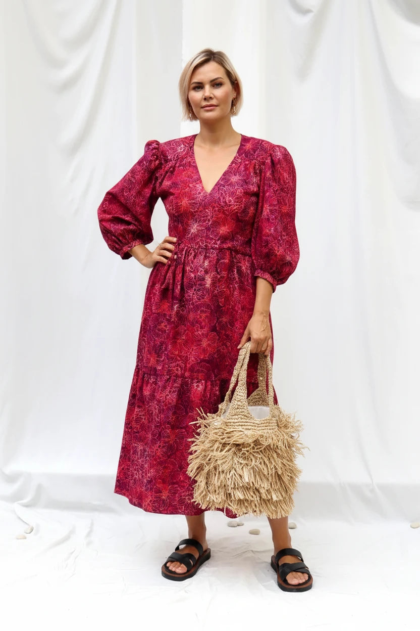 LIMITED EDITION.Hand dyed bright cotton dress BELLA\ Wrap dress\ cotton midi dress with puffy sleeves