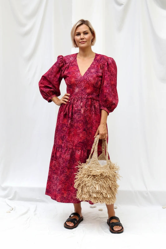 LIMITED EDITION.Hand dyed bright cotton dress BELLA\ Wrap dress\ cotton midi dress with puffy sleeves