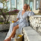 Linen dress BELLA\ Wrap dress\ Linen midi dress with puffy sleeves\ Casual linen dress\floral print