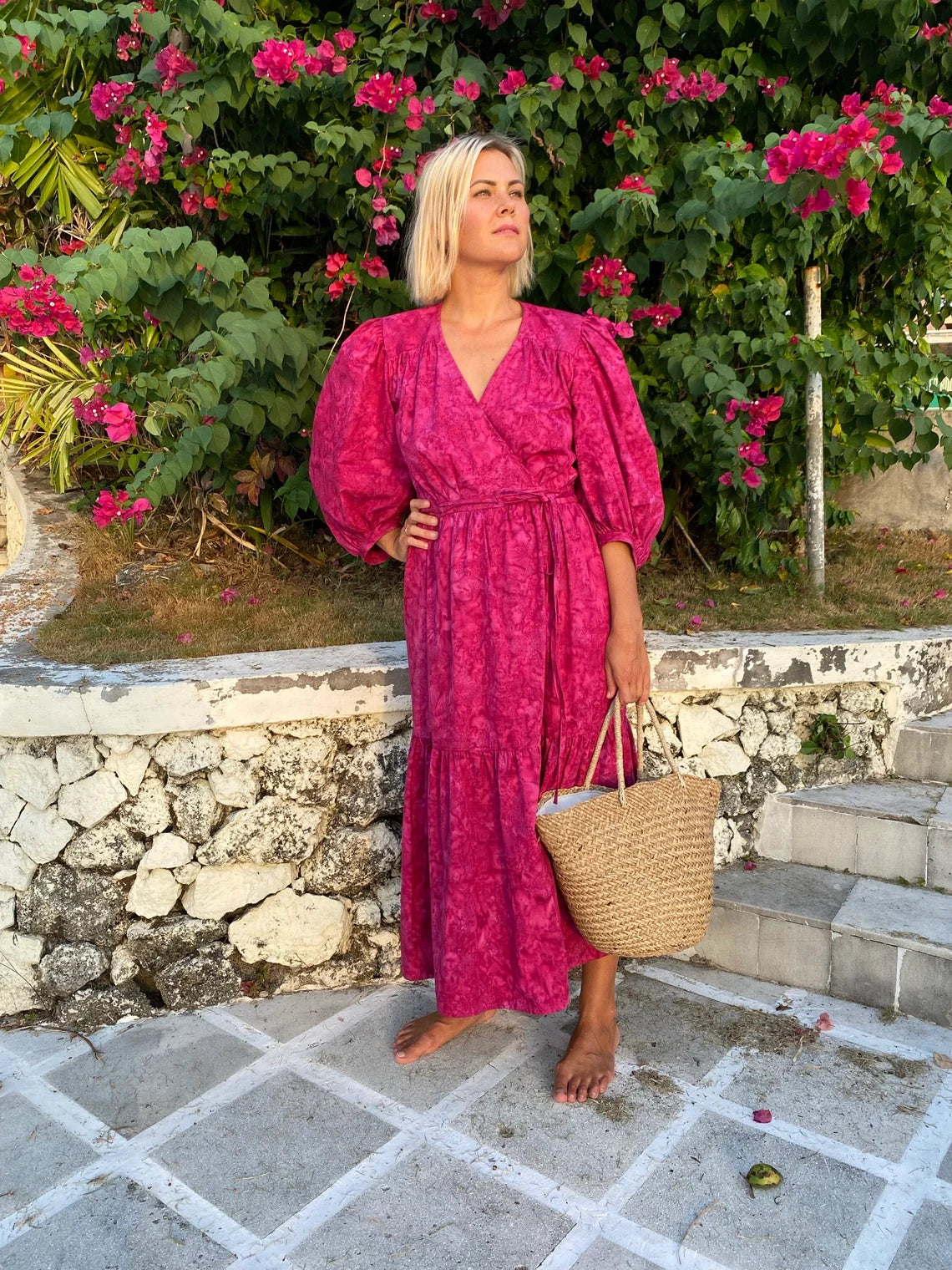 Linen dress BELLA\ Wrap dress\ Linen midi dress with puffy sleeves\ Casual linen dress\floral print