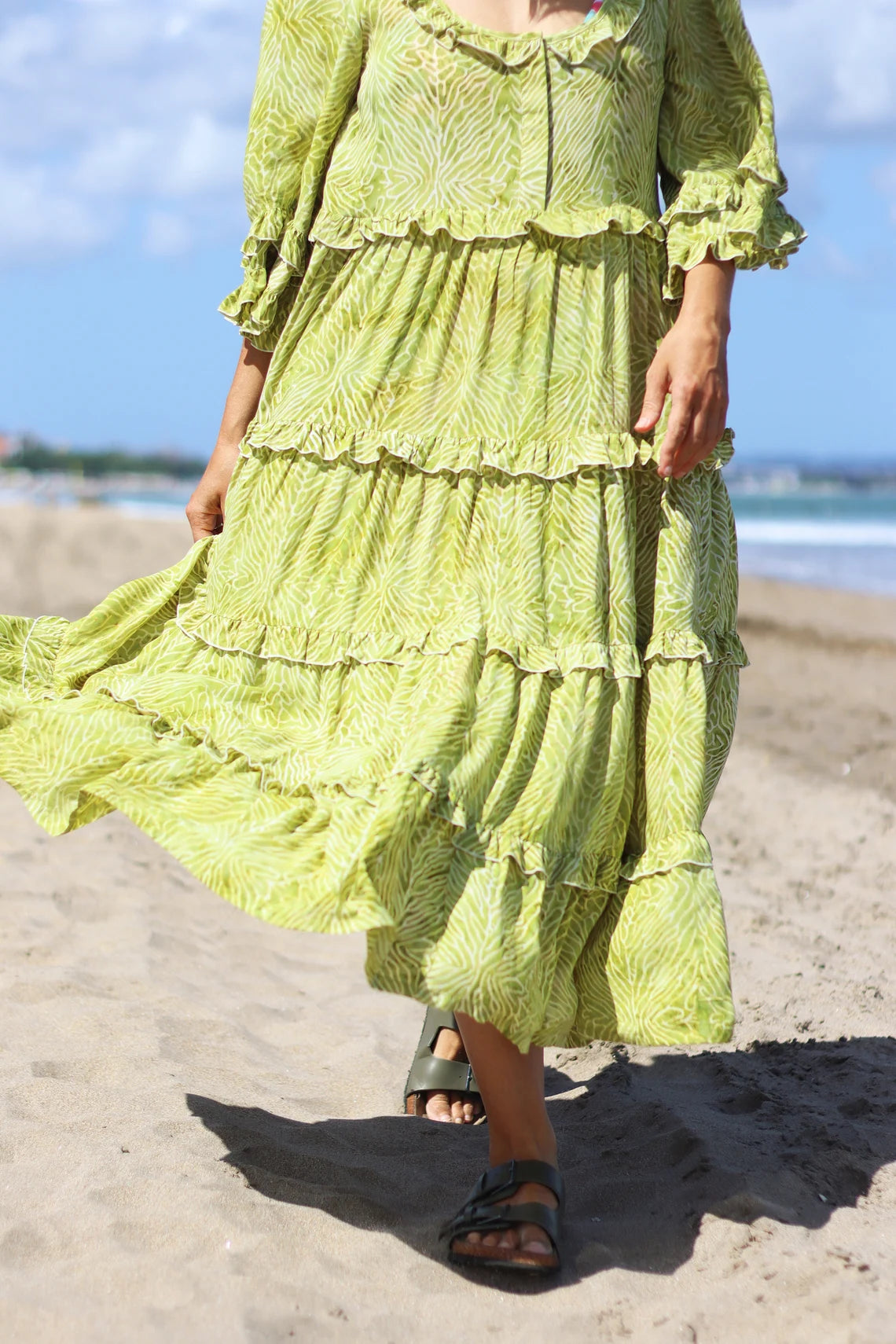 Tiered with ruffles boho dress BIANCA made of hand-painted natural fabric. Loose and light dress, for pregnant. casual\bohohemian\gypsy style.