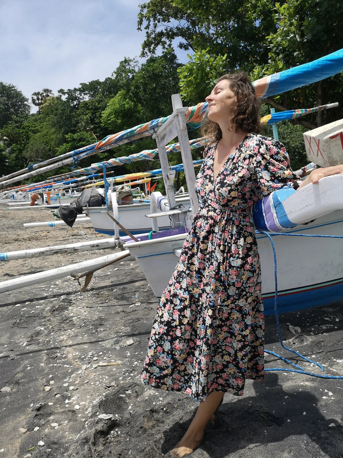 Linen dress BELLA\ Wrap dress\ Linen midi dress with puffy sleeves\ Casual linen dress\floral print