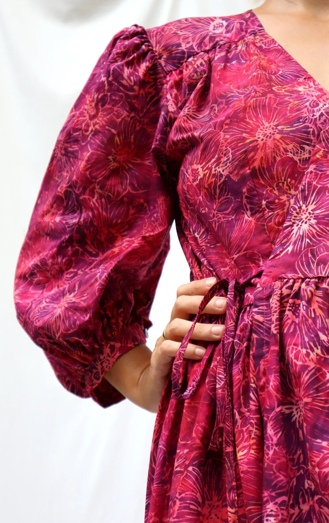 LIMITED EDITION.Hand dyed bright cotton dress BELLA\ Wrap dress\ cotton midi dress with puffy sleeves