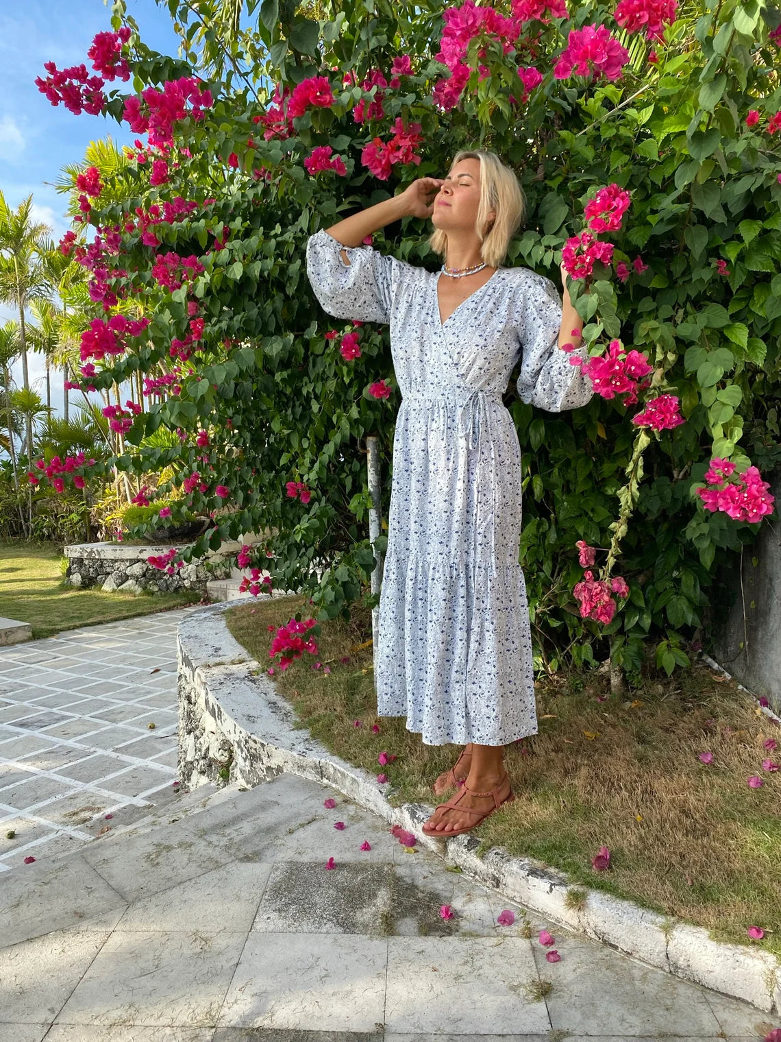 Linen dress BELLA\ Wrap dress\ Linen midi dress with puffy sleeves\ Casual linen dress\floral print