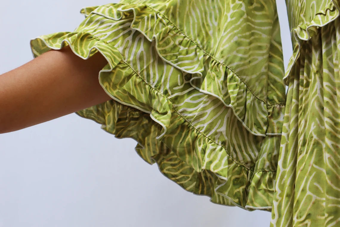 Tiered with ruffles boho dress BIANCA made of hand-painted natural fabric. Loose and light dress, for pregnant. casual\bohohemian\gypsy style.