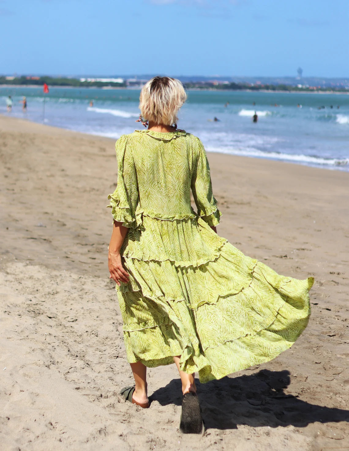 Tiered with ruffles boho dress BIANCA made of hand-painted natural fabric. Loose and light dress, for pregnant. casual\bohohemian\gypsy style.