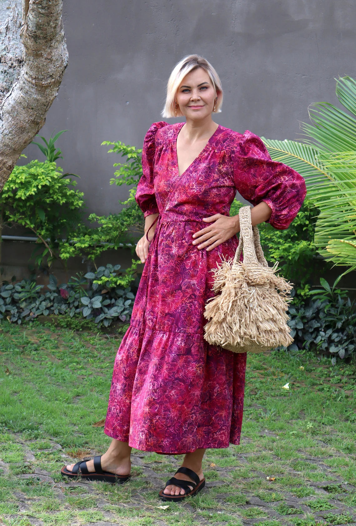 LIMITED EDITION.Hand dyed bright cotton dress BELLA\ Wrap dress\ cotton midi dress with puffy sleeves