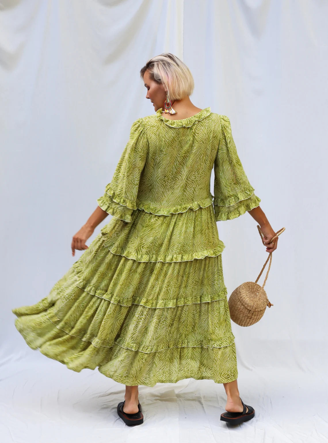 Tiered with ruffles boho dress BIANCA made of hand-painted natural fabric. Loose and light dress, for pregnant. casual\bohohemian\gypsy style.